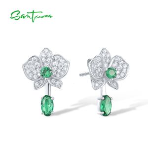 Oor manchet SANTUZZA echte 925 sterling zilveren oorknopjes voor vrouwen sprankelende witte CZ groene Spinel bloem bungelende delicate fijne sieraden 230728