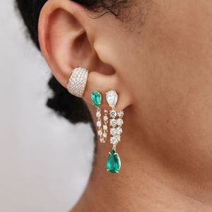 Ear Cuff Tear Drop Green CZ Borla Cadena Pendiente Colorido Birthstone Cubic Zirconia Color dorado Magnífico Impresionante joyería de doble cara 230614