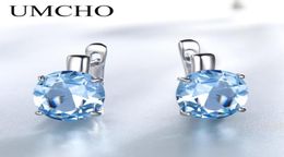 Pendientes de clip de topacio azul UMCHO para mujer, joyería de plata sólida 925, piedras preciosas ovaladas, regalo coreano para ella 2211078892040