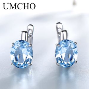 Oreille manchette UMCHO bleu topaze Clip Style femmes boucles d'oreilles solide 925 bijoux en argent Sterling ovale gemme boucles d'oreilles coréennes 230512