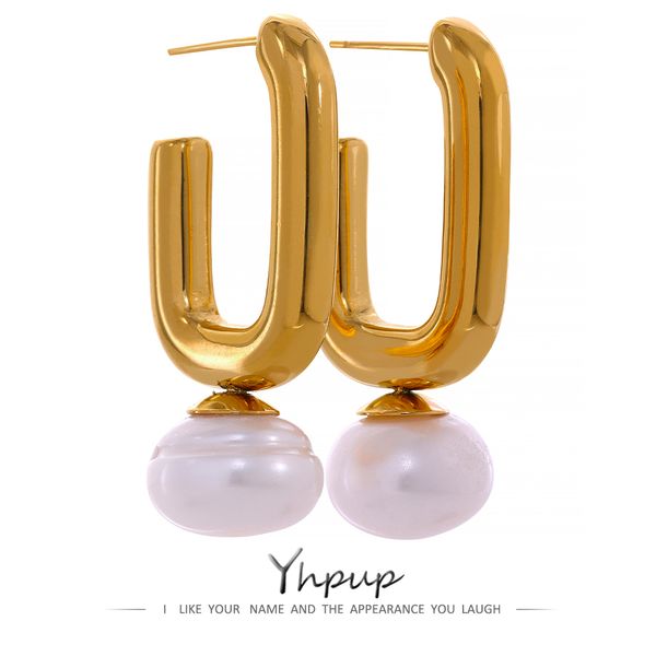 Ear Cuff Yhpup Texturizado 316L Acero inoxidable Charm Cast Pendientes de marca Grandes perlas naturales de agua dulce 18k Oro PVD plateado Joyería elegante 230306