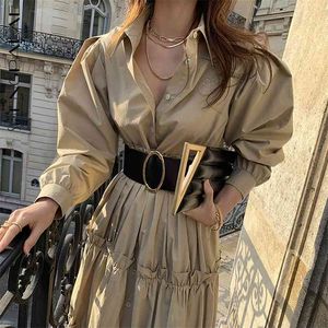 Bord d'oreille couture ample grande balançoire robe femmes printemps revers simple boutonnage avec ceinture chemise robes 5A12 210427