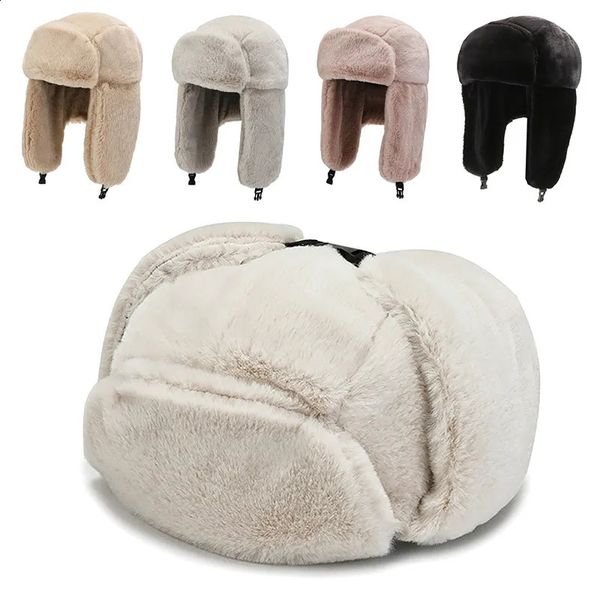 Cache-oreilles Chapeau de Ski de cyclisme d'hiver cache-oreilles chauds épaissir le chapeau à rabat d'oreille en peluche pour hommes et femmes casquette coupe-vent en fausse fourrure chapeau de bombardier russe 231109