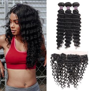 Ishow Deep Wave 13x4 en dentelle frontale avec 3 faisceaux extensions de cheveux humains vierges brésiliennes pour les femmes toutes âgées de 8 à 26 pouces