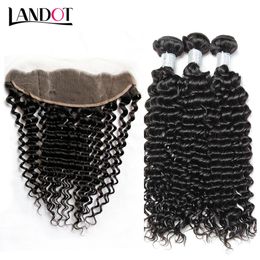 8a Clôture frontale de la dentelle de l'oreille avec 3 faisceaux brésiliens Deep Jerry Curly Vierge péruvien Indian Malaysian Mink Human Heuving Weave Fertures