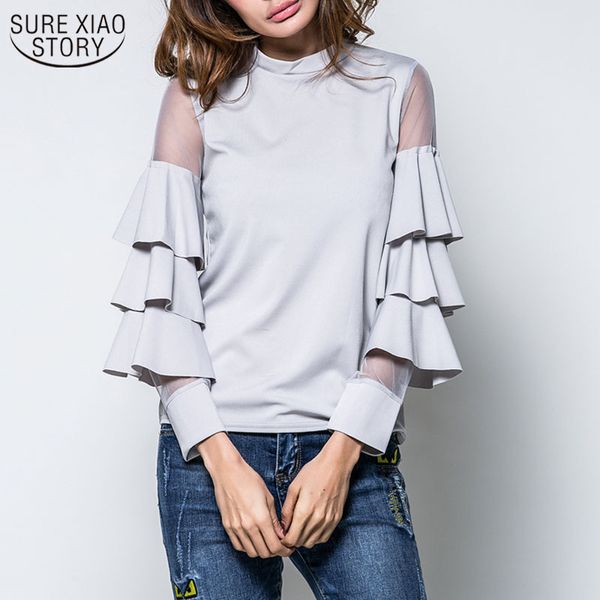 Blusas de mujer de manga larga de trompeta de capa de pastel de otoño temprano Ropa coreana Camisas de malla de algodón dulce 12437 210508