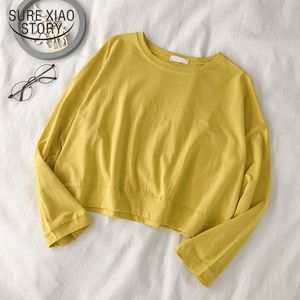 Vroege herfst Koreaanse stijl eenvoudige effen kleur korte sweetshirts losse casual o-hals dunne tops plus size vrouwen kleding 11751 210521