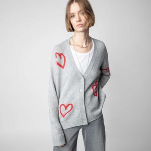 Début de l'automne Zadig Voltaire femmes tricots t-shirts cardigan coeur rouge ourlet jacquard avec pull en tricot à col en v fendu pour les femmes