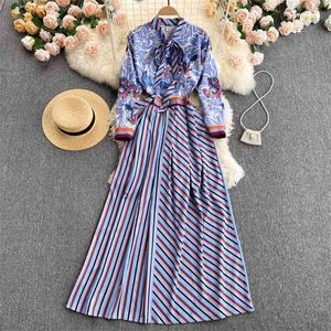 Vroege lente mode temperament lange mouwen shirt vestidos vrouwelijke strikje kraag gedrukt slanke midi jurk GL037 210507