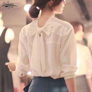 Vroege Lente Koreaanse stijl Tops Wome Lange Mouw Back Bow V-hals Chique Sweet Shirts Solid White Chiffon Blouse Blusas Femme 11571 210521