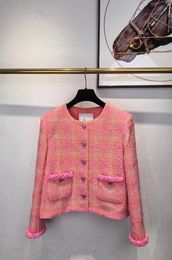 Chaqueta de tweed holgada con cuello redondo a cuadros rosa naranja de principios de primavera para mujer de manga larga 240116