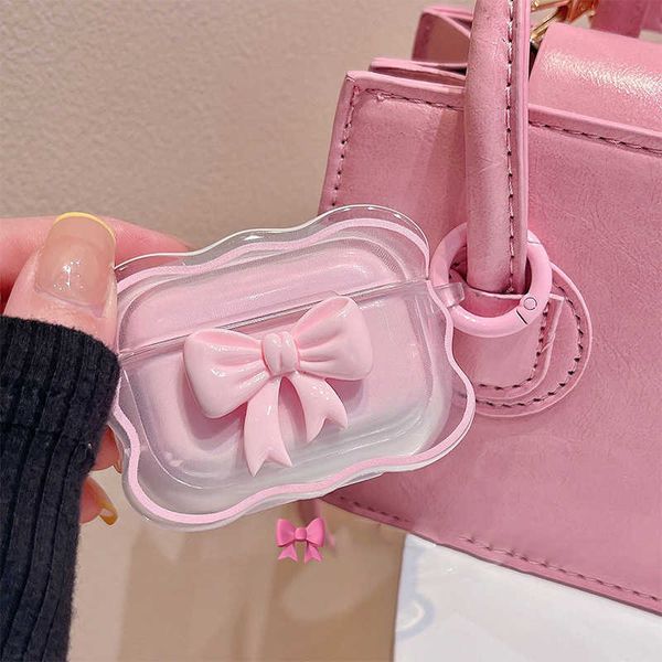 Accesorios para auriculares INS Corea Cute Pink Bow Gradient Pink Wavy Border Estuche para auriculares para Airpods 3 con llavero Funda protectora para Airpods 1 2 Pro J230420