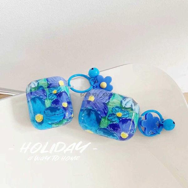 Accessoires d'écoute Relief Blue Huile Peinture Flower Cas pour AirPods Pro2 3 1 2 Mode Ear IMD Soft TPU Air Pod Airpod Pro 3gen Purple Phone Protector Cover Q240415