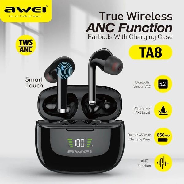 Écouteurs Awei TA8 ANC Fone Bluetooth écouteurs sans fil casque LED affichage TWS casque Gamer réduction du bruit écouteurs avec double micro