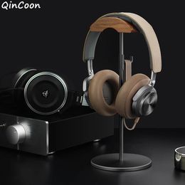 Écouteurs Support de casque en aluminium en bois de noyer noir Support de casque de jeu en noyer naturel avec base en métal solide pour affichage de bureau de table