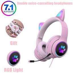 Écouteurs Cat Ear Gamer Headset Girl Mute Headset Double NoiseCancelling Headphone avec microphone RVB Light Virtual 7.1 Gift auricularres