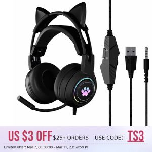 Oortelefoonkat oor hoofdtelefoon gaming headset voor pc -computer met microfoon roze USB -bedrade headset gamer girl cadeaus voor PS4 PS5 Xbox One