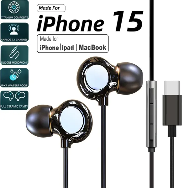 Écouteurs Casque en céramique pour iPhone 15 14 iPad MacBook USB C Casque 3,5 mm MP3 Micro Filaire Écouteur de jeu haut de gamme Écouteurs de téléphone portable 2023