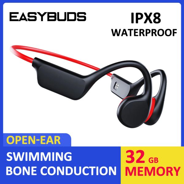 Écouteurs EasyBuds Bone Conduction Bluetooth Earphone Wireless IPX8 Swimming Swimming Open Ear Phones 32 Go IP68 Impermé