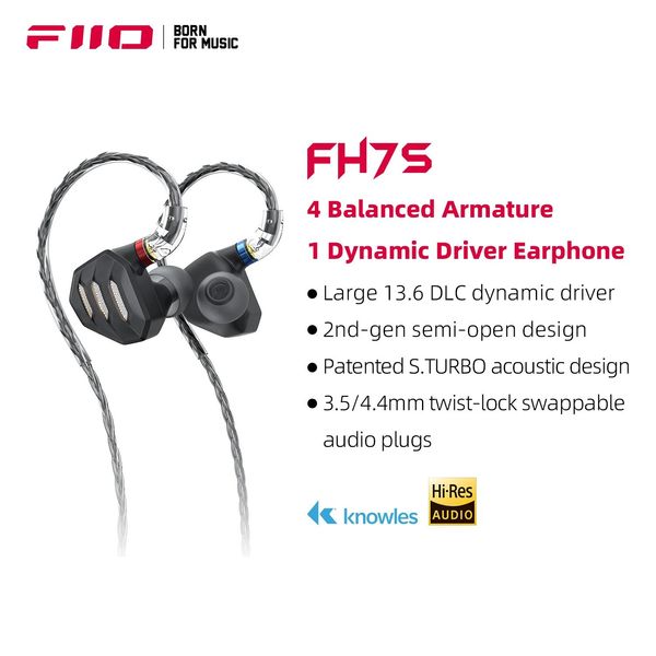 Écouteurs Fiio Fh7/fh7s écouteurs intra-auriculaires haute performance 1dd + 4ba technologie hybride Iem écouteurs avec prise 3.5/4.4mm