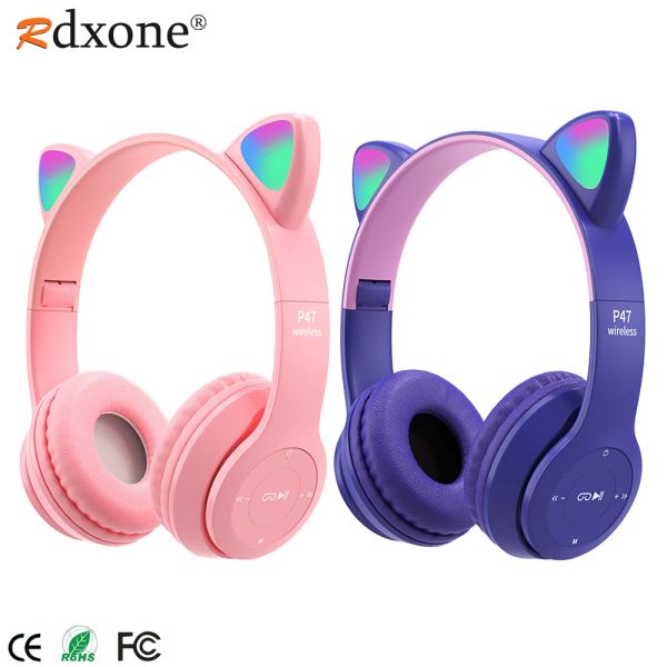 Écouteurs Headphones Wireless Bluetooth Casque Flash Light Cat Cat Oreau LED Kid Girl Stéréo Musique Casque Bluetooth Headset Gift