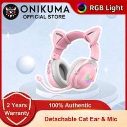 Oortelefoons Onikuma B20 BluetoothCompatibele hoofdtelefoon met afneembare schattige kattenoor draadloze oortelefoon headset voor computer gaming pc gamer