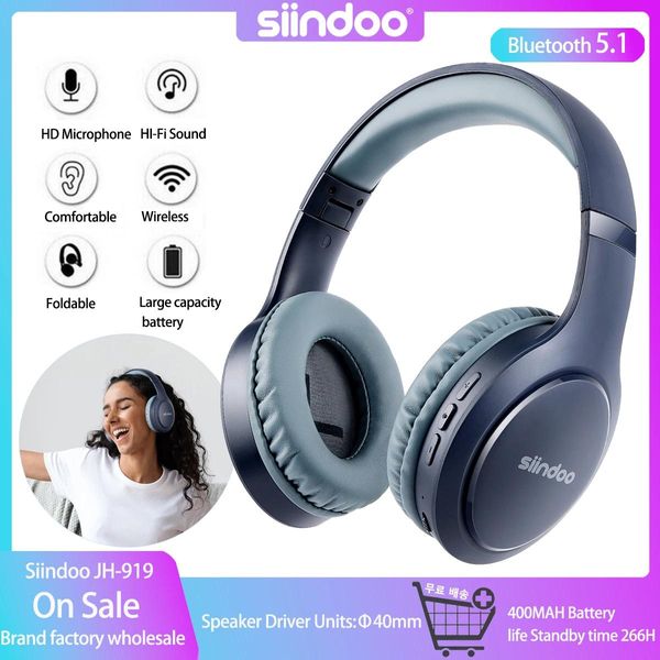 Écouteurs Siindoo Wireless Bluetooth Headphones sur le casque d'oreille Blue Roldable Stéréo Écouteurs Super Bass Mic pour ordinateur portable PC TV