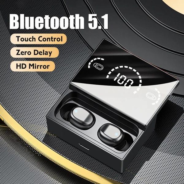 Écouteurs TWS Bluetooth 5.1 Écouteurs Touch Contrôle des écouteurs sans fil HD Miroir Écoute-tassettes Sports Chefssets avec réduction du bruit de micro