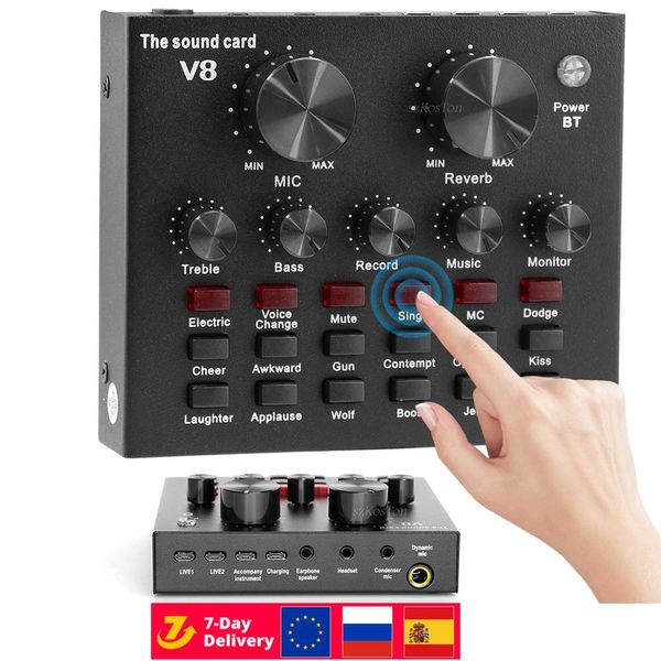 Écouteurs V8 Sound Carte DJ Studio Audio Interface Mélange de mixage Console Enregistrement du casque Microphone Amplificateur Sound Mixer 48V Phantom Power