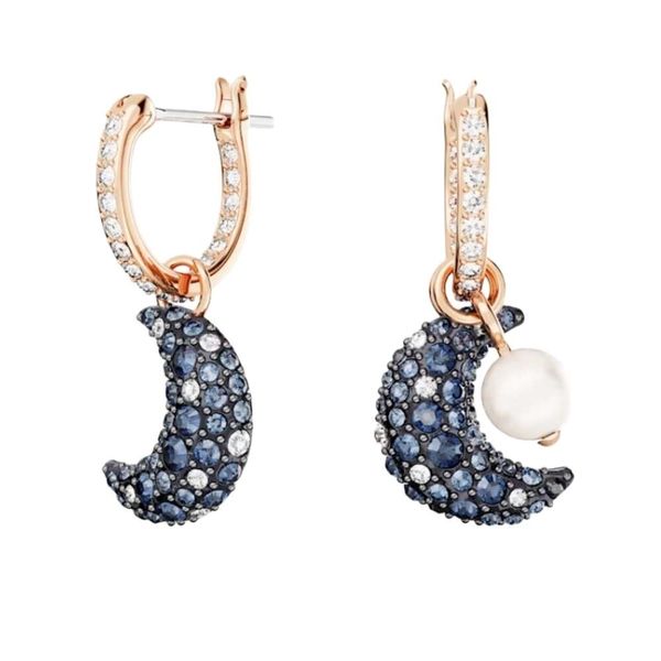 Boucles d'oreilles Swarovskis Bijoux de créateur Qualité originale Luna Moon Pearl Boucles d'oreilles pour femmes utilisant asymétriquement des éléments en cristal Boucles d'oreilles exquises pour femmes