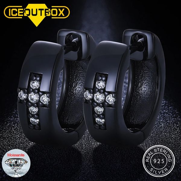 Pendientes 1 par D VVS Moissanite negro Punk Rock pendientes cruzados de plata de ley 925 para hombres pendiente circular niño joyería de Hip Hop