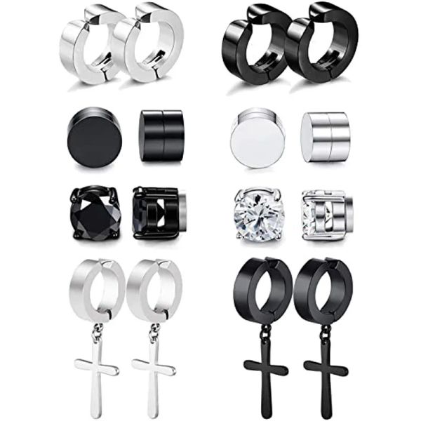 Boucles d'oreilles 1 paires / 8 paires Clipt-oreilles magnétiques ensembles hommes et femmes anneau en acier inoxydable Cross