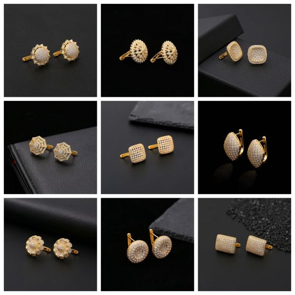 Pendientes 10 París/lote, venta al por mayor, pendientes de aro grandes de circonia cúbica de lujo de Color dorado para mujer, joyería de boda India