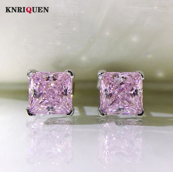 Boucles d'oreilles 2021 Tendance 100% Argent sterling 925 6 * 6 Quartz rose Diamant à haute teneur en carbone Boucles d'oreilles en pierres précieuses pour femmes Bijoux fins de mariage