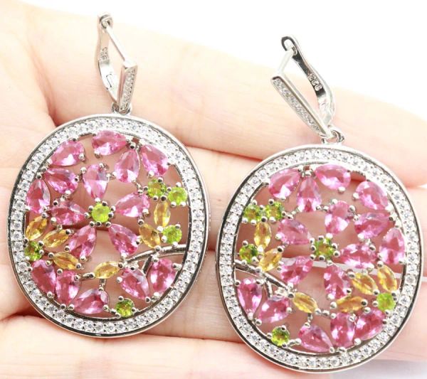 Pendientes 55x33mm Multi Color Lujo Largo Grande Pesado 23g Turmalina Rosa Citrino Dorado Peridoto Verde Blanco CZ Uso Diario Pendientes de Plata