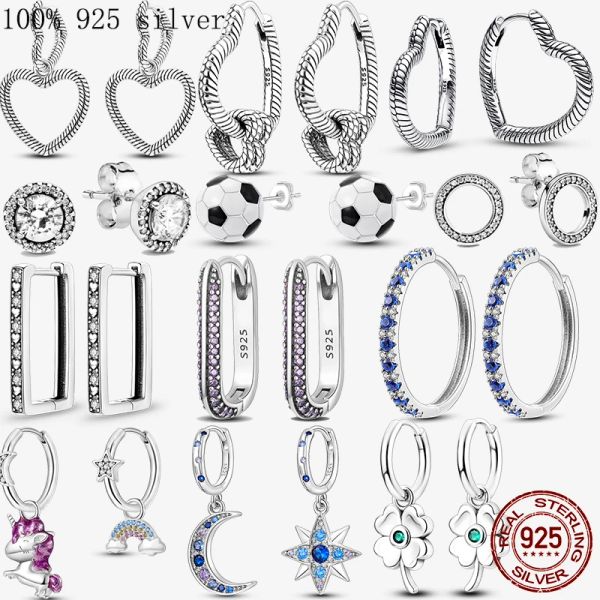 Pendientes 925 Plata Bola de fútbol en blanco y negro Pendientes redondos para mujeres Parring de corazón Silver 925 Regalo de joyería de moda original