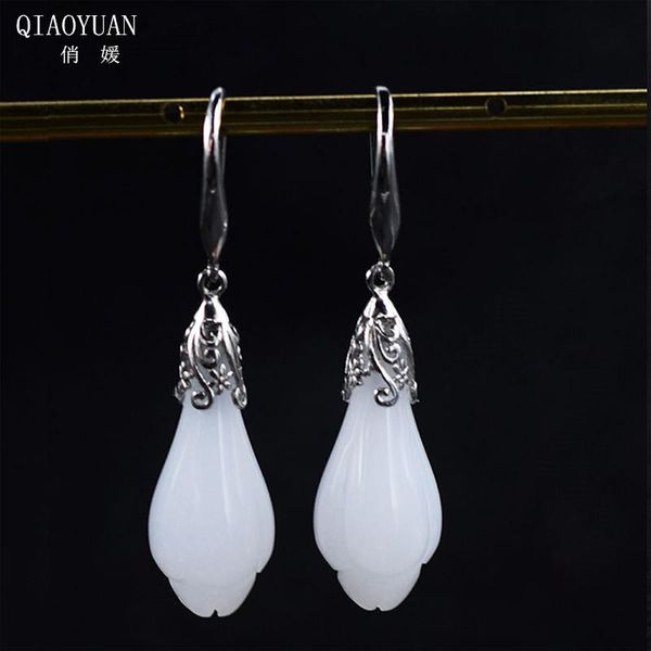 Boucles d'oreilles Boucles d'oreilles en argent sterling 925 Bijoux en jade Boucles d'oreilles en or Mode Jade blanc Collier plaqué or en argent 925 pour femmes Ensemble orchidée