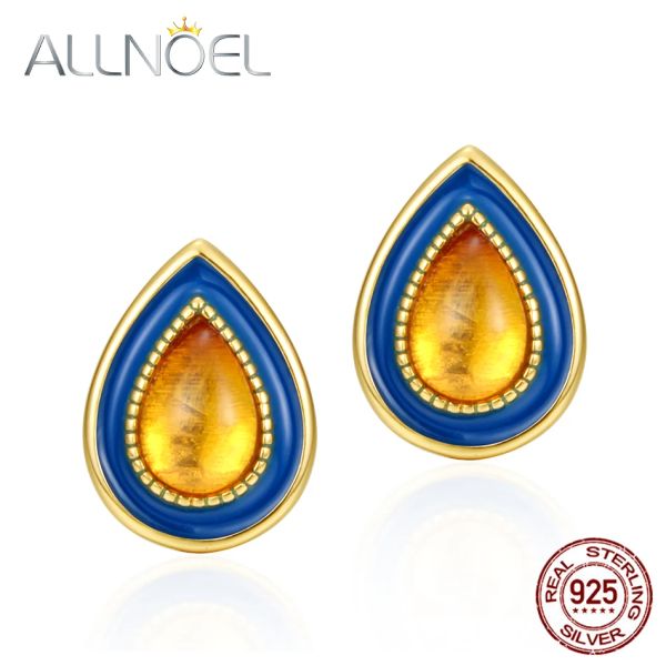 Boucles d'oreilles ALLNOEL ambre naturel 925 boucles d'oreilles en argent Sterling pour femmes bleu émail goutte d'eau rétro Vintage anniversaire cadeaux bijoux