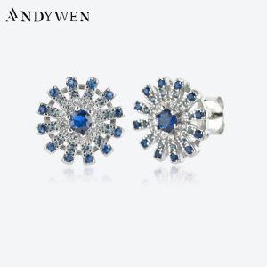 Oorbellen Andywen 925 Sterling zilver heldere CZ Blue Sun Flower Gold Budring Bloesem vrouwen Crystal Luxe fijne sieraden Korea Jewels