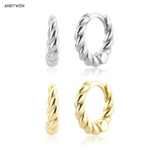 Oorbellen Andywen 925 Sterling Silver Gold Twist Loop Loop Loop Circle Clasp Hoops Huggies Pendiente Sieraden Piercing Dames Wedding Gift