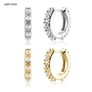 Oorbellen ANDYWEN 925 sterling zilver goud 9,5 mm parel Huggies clips luxe fijne sieraden clips piercing mode cirkel juwelen rock punk