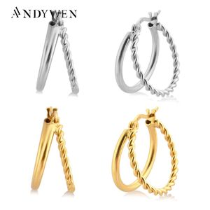 Oorbellen ANDYWEN 925 Sterling Zilver Goud Big Twist Hoops Earring Twee Lijn Ronde Cirkel Loops Huggies Rock Punk Vrouwen Fijne Sieraden