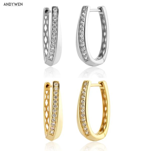 Boucles d'oreilles Andywen 925 Silver Silver Gold Long 21 mm Hoop Zircon Pave Luxury Ovales Crystal Pave Fine Jewelry 2021 Party Rock Punk Clips