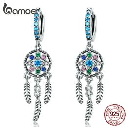 Oorbellen bamoer 925 sterling zilveren bohemia dreamcatcher hangende druppel oorbellen voor vrouwen boho -stijl oorbellen mode sieraden 2 kleuren