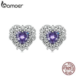 Boucles d'oreilles Bamoer 925 argent Sterling violet brillant Zircon amour boucles d'oreilles pour les femmes Vintage Textures boucles d'oreilles bijoux fins cadeau BSE695