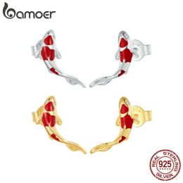 Boucles d'oreilles Bamoer 925 Sterling Silver Koi Fish Red Carp Stud Boucles d'oreilles pour les femmes plaquées plaquées avec des bijoux de mode zircon brillant
