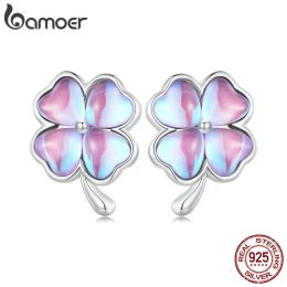 Boucles d'oreilles Bamoer 925 STERLING Silver Lucky Four Leaf Clover Boucles d'oreilles Fantasy Couleur Boucles d'oreilles pour les femmes Fine bijoux Gift BSE914