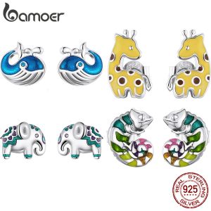 Boucles d'oreilles bamoer mignon mecs d'oreille animale 925 Sterling Silver Blue Whale Mini Elephant Stud Ectors Oreadd Girafe Ooy Stodts Cameleon Eart Bijoux