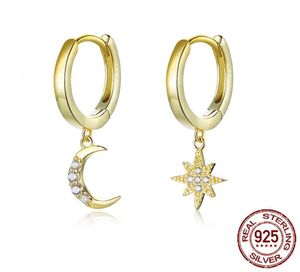 Boucles d'oreilles Bamoer véritable argent sterling 925 boucles d'oreilles lune et étoile avec charme plaqué en or nouvelles tendances boucles d'oreilles Huggies SCE785