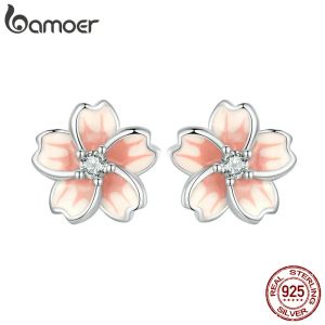 Oorbellen BAMOER Roze Emaille Kersenbloesem Oorbellen 925 Sterling Zilver CZ Bloem Stud Oorbellen Geplatineerd voor Dames Meisjes